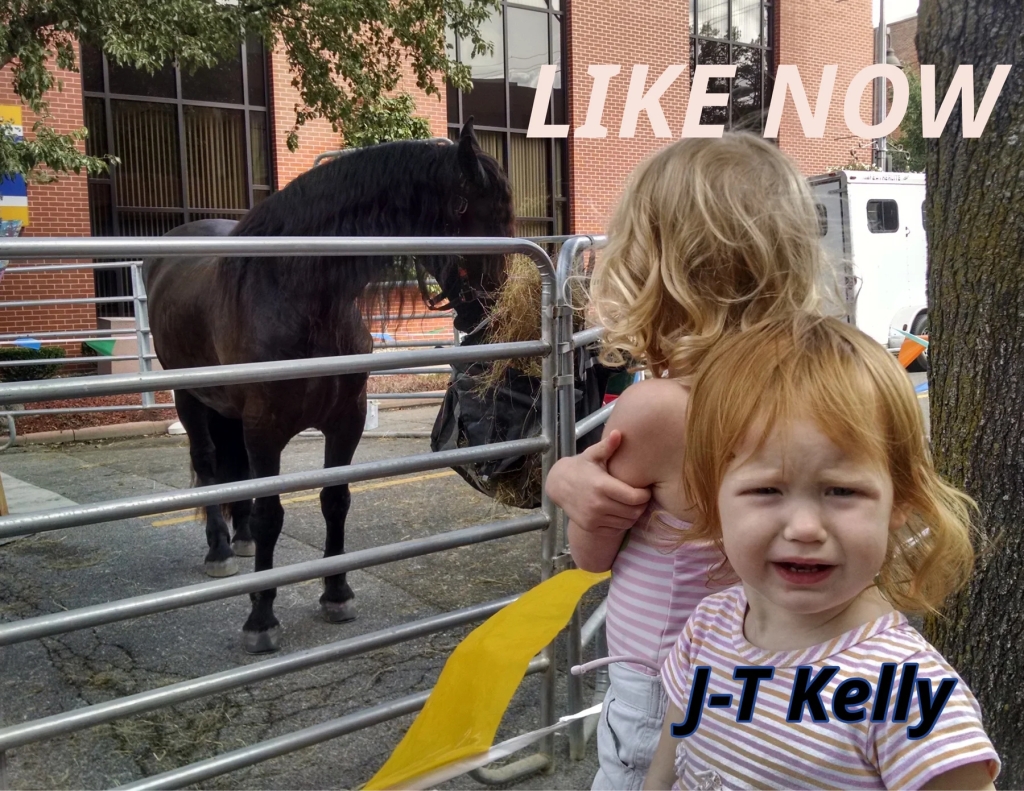 by J-T Kelly, book cover featuring a photograph of two children in pink striped tops, one crying and looking towards the camera, one looking away. A dark brown horse behind a livestock gate eats hay from a bag. 